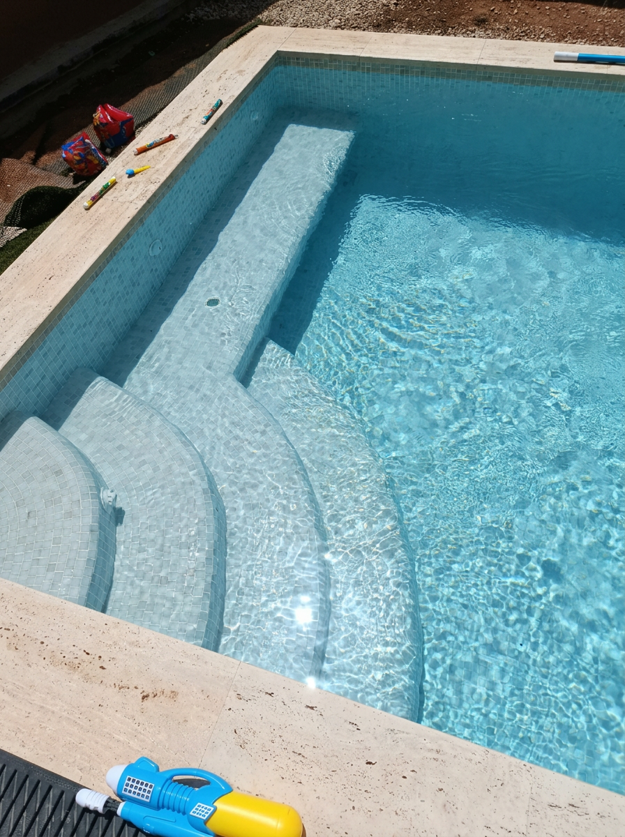Escalera de piscina con mosaico y agua cristalina