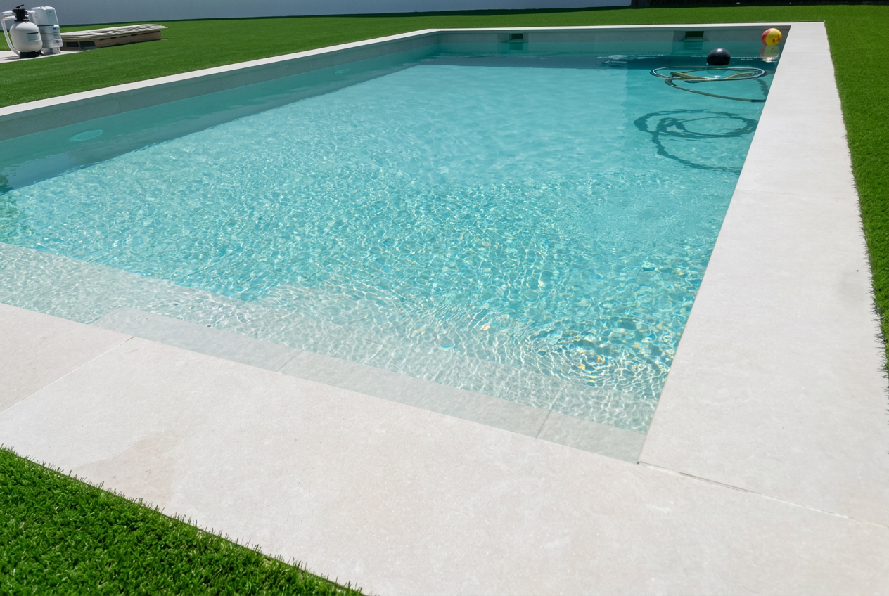 Piscina terminada con césped artificial